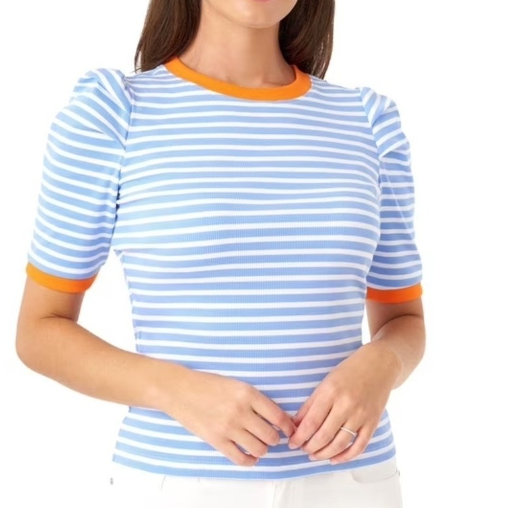 Rebecca Minkoff Blue White Striped Puff shortSleeve Top Orange Trim Large